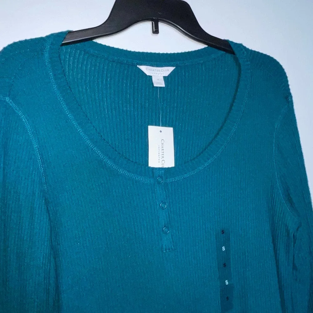 CHARTER CLUB Ribbed Henley Pajama Top teal evergreen, XS - Picture 6 of 12